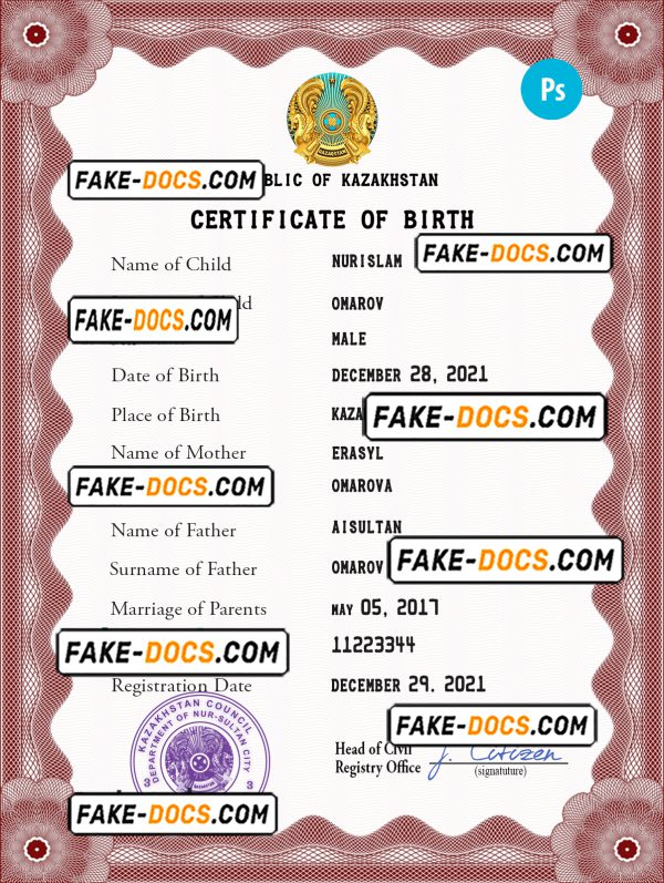 Kazakhstan birth certificate PSD template, completely editable