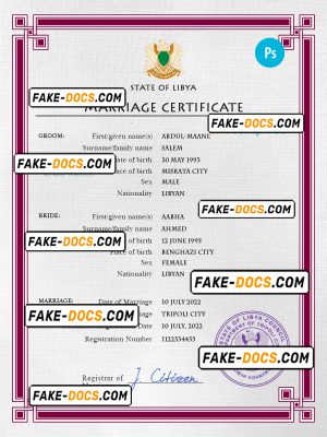 Libya marriage certificate PSD template, fully editable