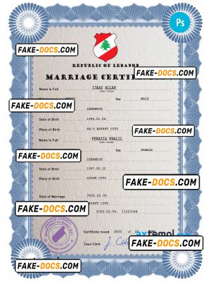 Lebanon marriage certificate PSD template, completely editable