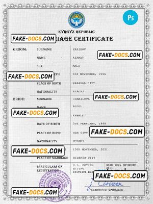 Kyrgyzstan marriage certificate PSD template, fully editable