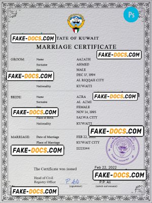 Kuwait marriage certificate PSD template, completely editable