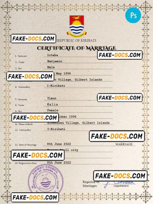 Kiribati marriage certificate PSD template, fully editable
