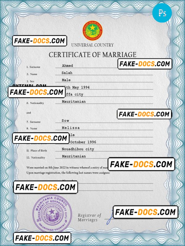 Mauritania marriage certificate PSD template, fully editable