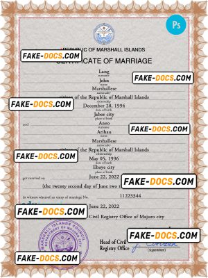 Marshall Islands marriage certificate PSD template, completely editable