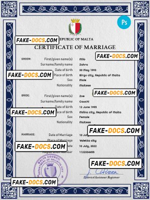 Malta marriage certificate PSD template, fully editable
