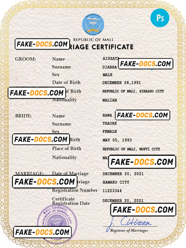 Mali marriage certificate PSD template, completely editable