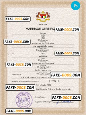 Malaysia marriage certificate PSD template, completely editable