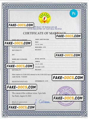 Madagascar marriage certificate PSD template, completely editable