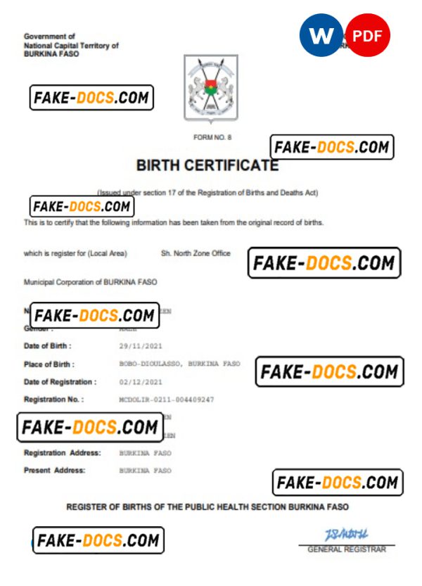 Burkina Faso birth certificate Word and PDF template, completely editable