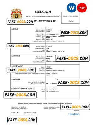 Belgium vital record birth certificate Word and PDF template