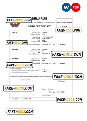 Belarus vital record birth certificate Word and PDF template, completely editable