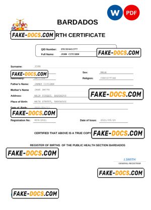 Barbados birth certificate Word and PDF template, completely editable