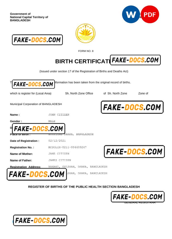 Bangladesh vital record birth certificate Word and PDF template, fully editable Bangladesh vital record birth certificate Word and PDF template, fully editable