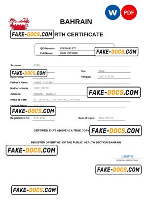 Bahrain vital record birth certificate Word and PDF template