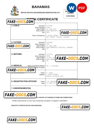 Bahamas vital record birth certificate Word and PDF template, completely editable