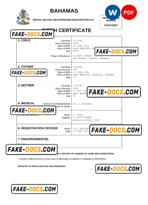 Bahamas vital record birth certificate Word and PDF template, completely editable
