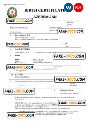 Azerbaijan vital record birth certificate Word and PDF template, fully editable