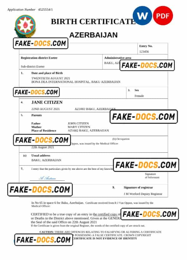 Azerbaijan vital record birth certificate Word and PDF template, fully editable