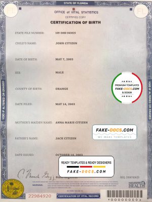 USA Florida state birth certificate template in PSD format, fully editable