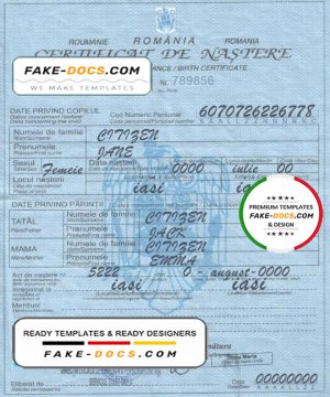 Romania birth certificate template in PSD format, fully editable