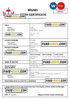 Brunei vital record birth certificate Word and PDF template