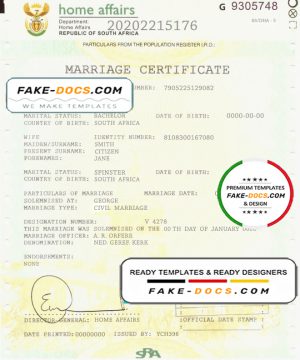 South Africa marriage certificate template in PSD format, fully editable