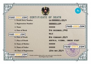 Austria death certificate PSD template, completely editable
