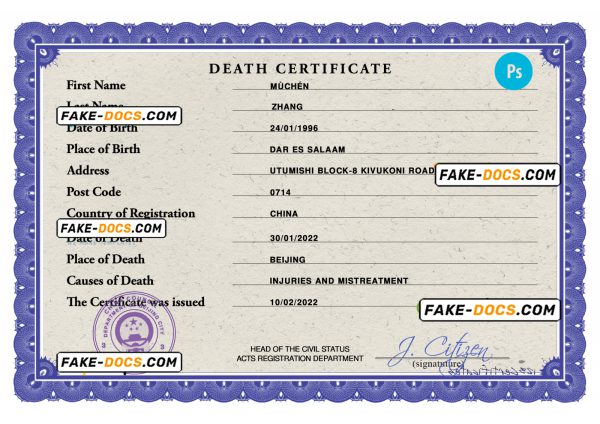 China death certificate PSD template, completely editable