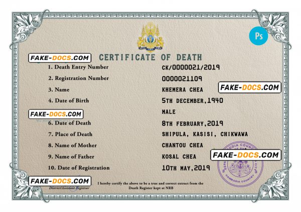 Cambodia vital record death certificate PSD template