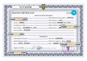 Ecuador vital record death certificate PSD template, completely editable