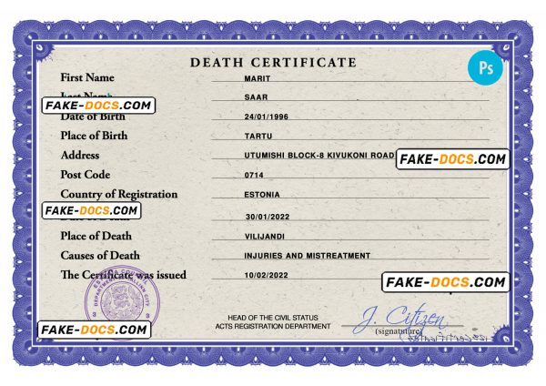 Estonia death certificate PSD template, completely editable