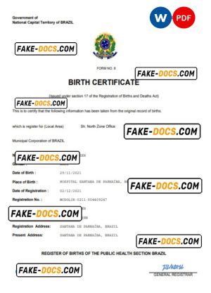 Brazil vital record birth certificate Word and PDF template, completely editable