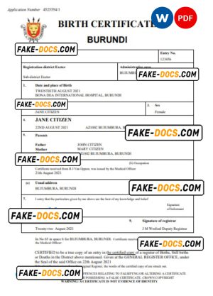 Burundi vital record birth certificate Word and PDF template, completely editable