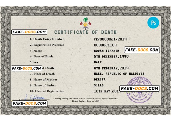 Maldives vital record death certificate PSD template, completely editable