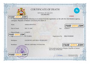 Malawi death certificate PSD template, completely editable