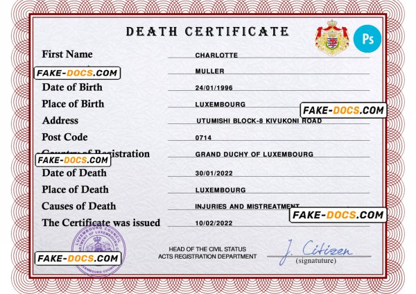Luxembourg vital record death certificate PSD template