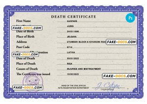 Latvia death certificate PSD template, completely editable