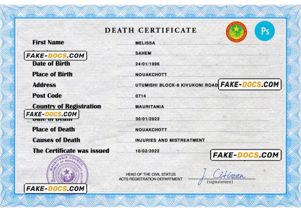 Mauritania vital record death certificate PSD template, fully editable