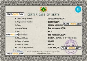 Niger death certificate PSD template, completely editable