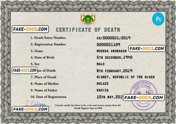 Niger death certificate PSD template, completely editable