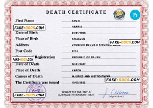 Nauru vital record death certificate PSD template, fully editable