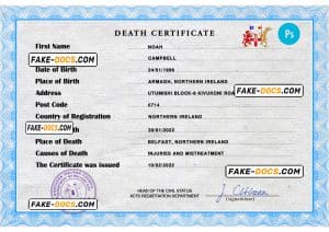 Northern Ireland death certificate PSD template, completely editable