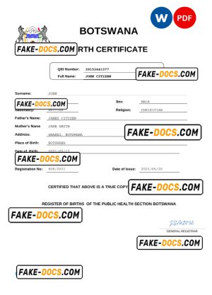 Botswana birth certificate Word and PDF template, completely editable