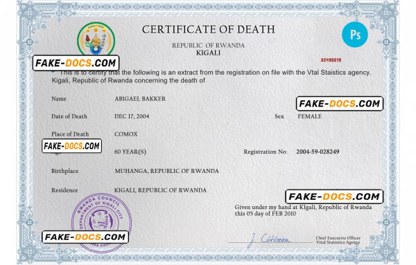 Rwanda vital record death certificate PSD template, fully editable