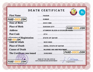 Qatar vital record death certificate PSD template