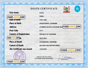 Suriname vital record death certificate PSD template, completely editable