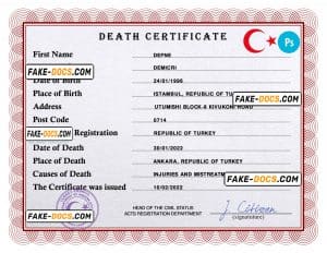 Turkey death certificate PSD template, completely editable