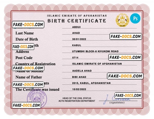 Afghanistan vital record birth certificate PSD template, completely editable