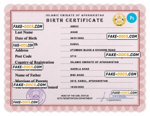 Afghanistan vital record birth certificate PSD template, completely editable