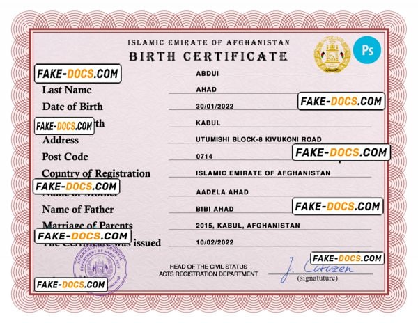 Afghanistan vital record birth certificate PSD template, completely editable